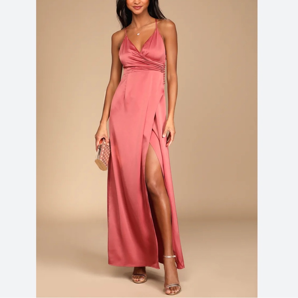 Lulus Outstanding Elegance Deep Rose Satin Surplice Maxi Dress